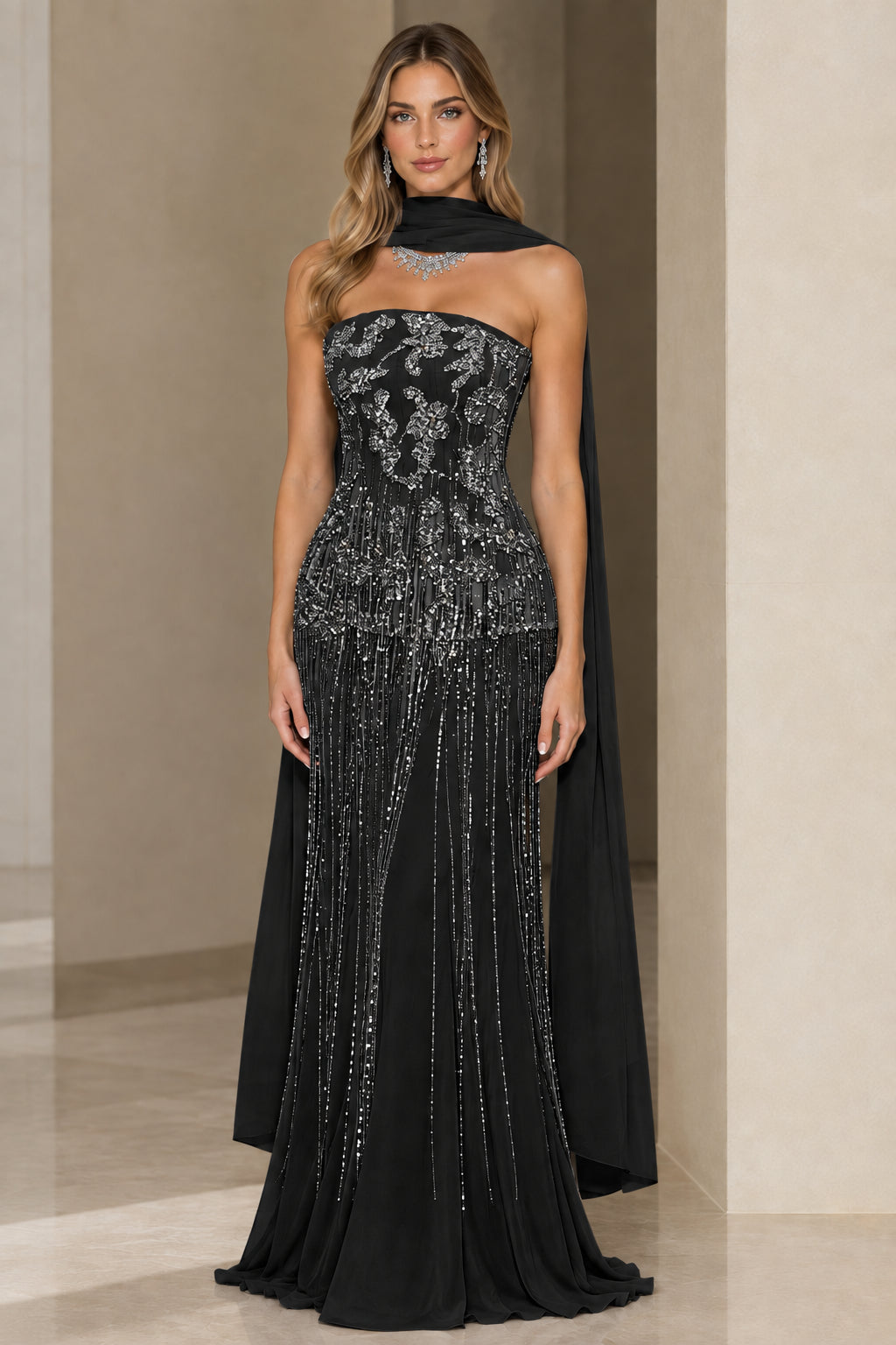 Black strapless beaded floor-length evening gown with draped neck scarf