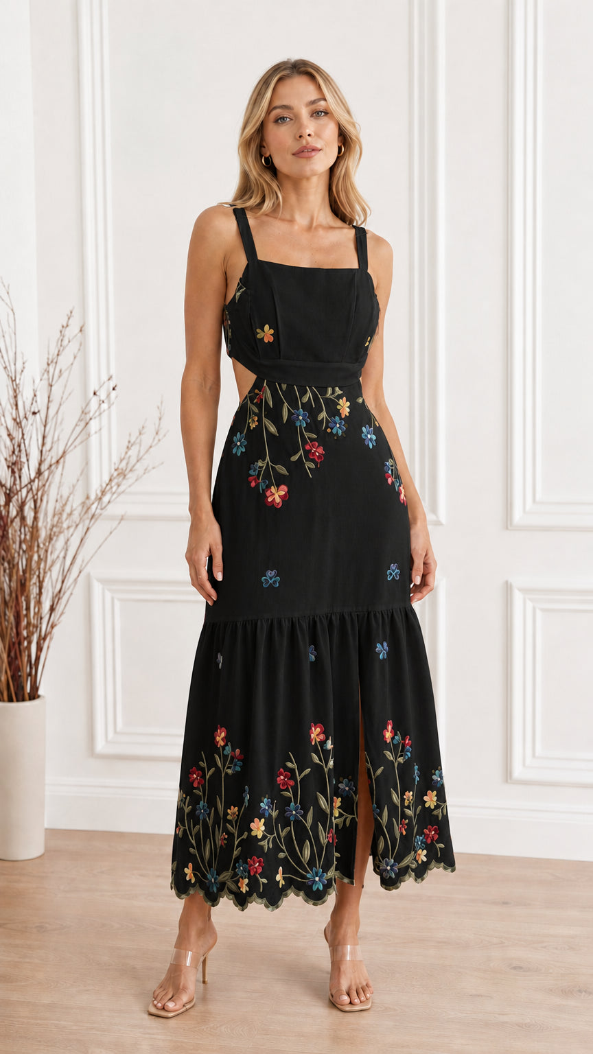 Front view of Black Floral Embroidered Cutout Square Neck Maxi Dress