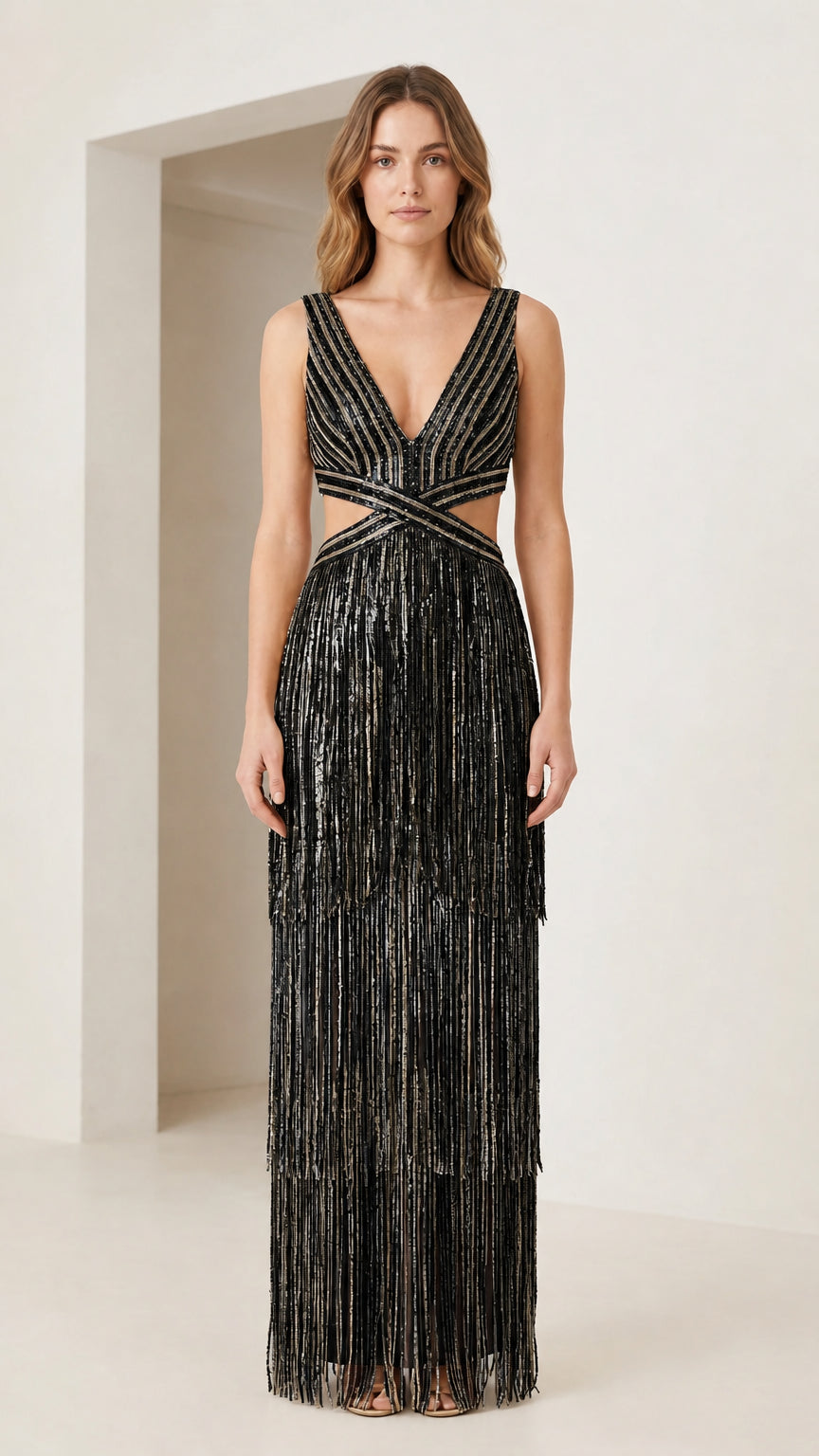 Front view of black tiered metallic fringe cutout maxi gown
