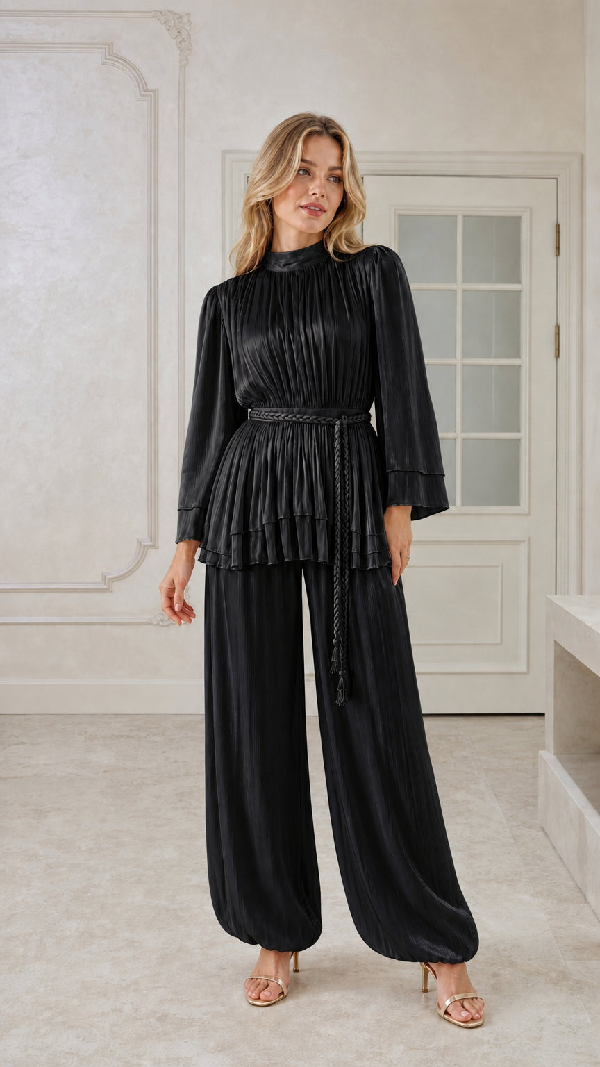 Classic black pleated two-piece mock neck tunic and pant set