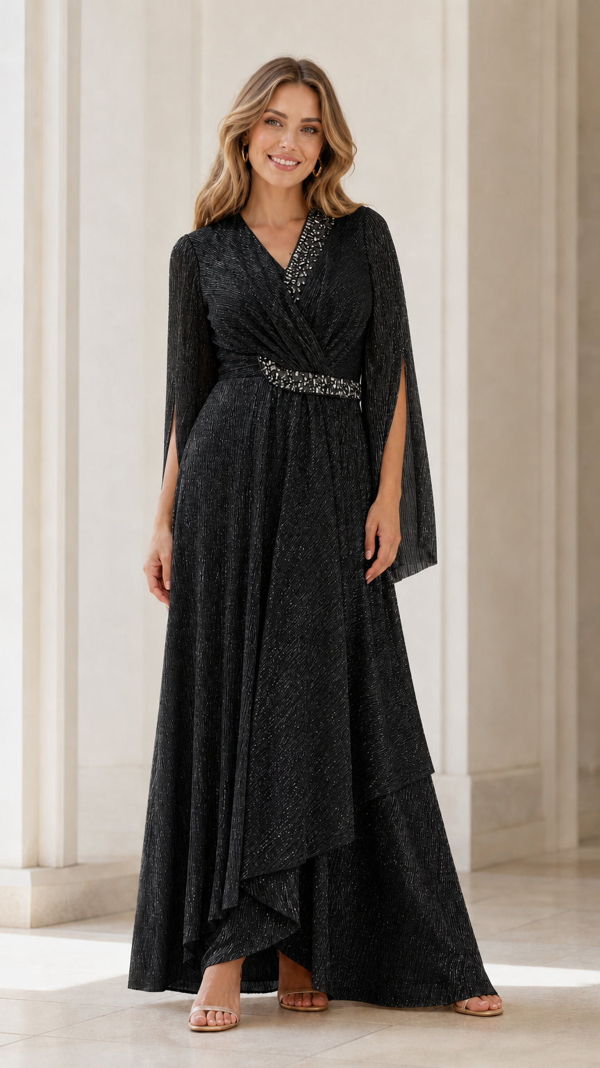 Front view of model wearing black rhinestone evening dress