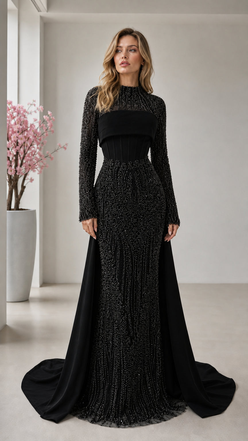 Front view of black long sleeve beaded evening gown with corseted waist