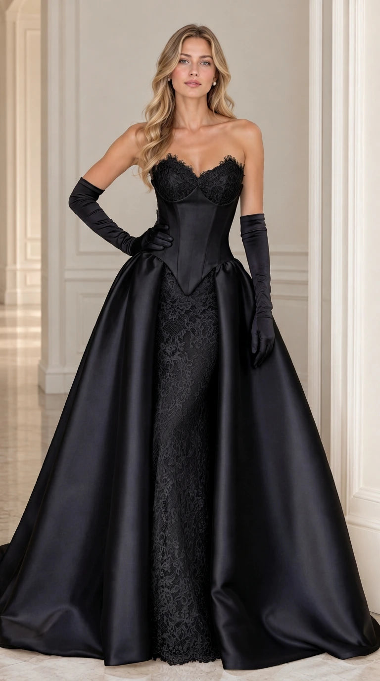 Model wearing black strapless corset evening gown with lace skirt and matching gloves