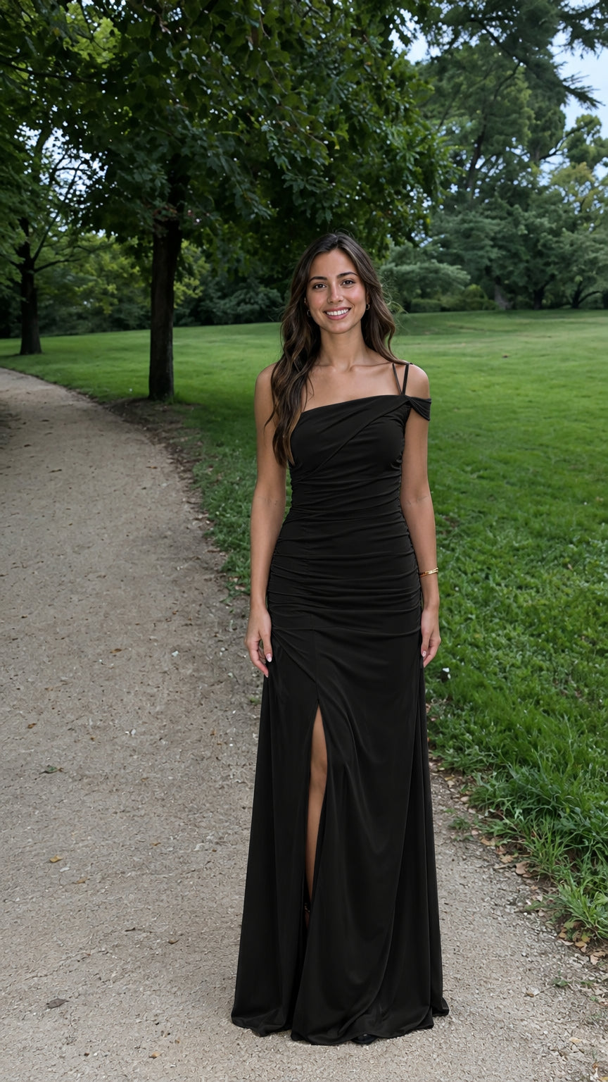 Model wearing the classic Black one-shoulder ruched formal maxi gown