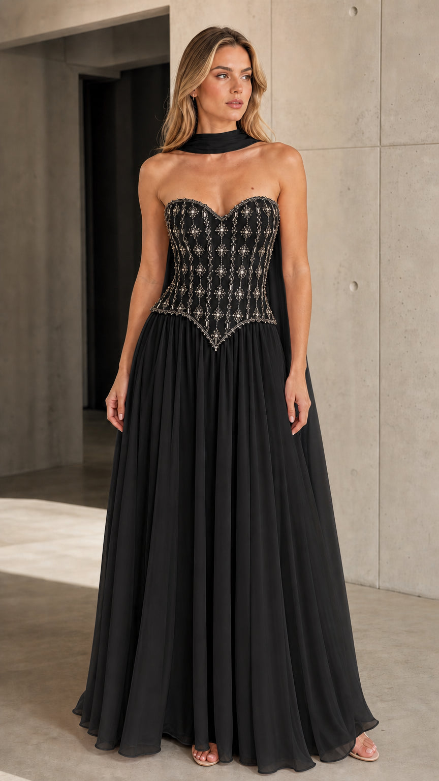 Model wearing Black beaded sweetheart neckline corset maxi evening gown