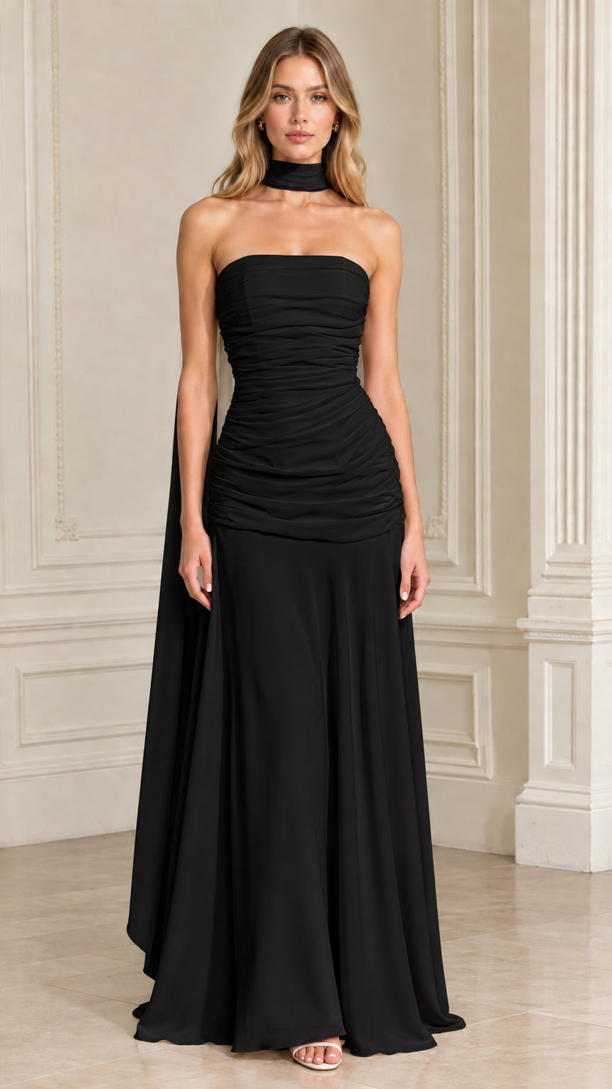 Black strapless ruched floor-length evening dress with matching neck scarf
