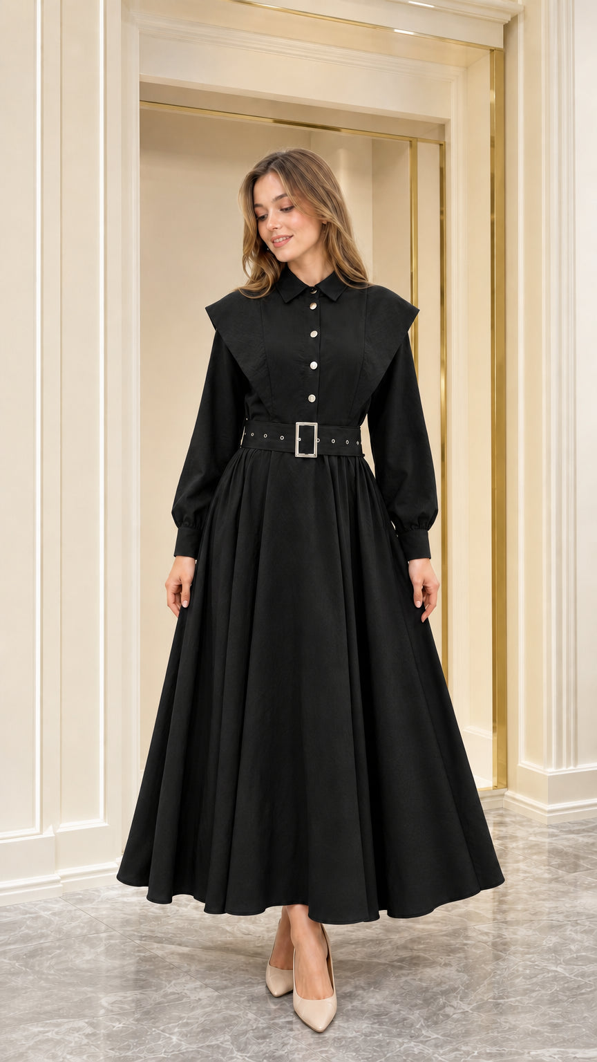 Front view of black capelet collar belted long sleeve maxi dress
