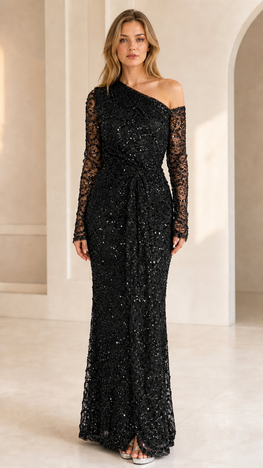 Black sequined lace one-shoulder long sleeve evening gown
