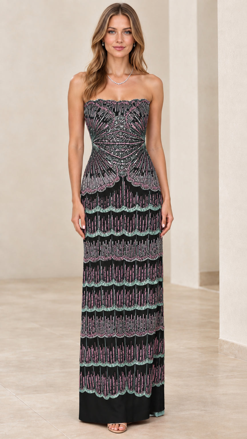 Black strapless beaded column maxi evening dress