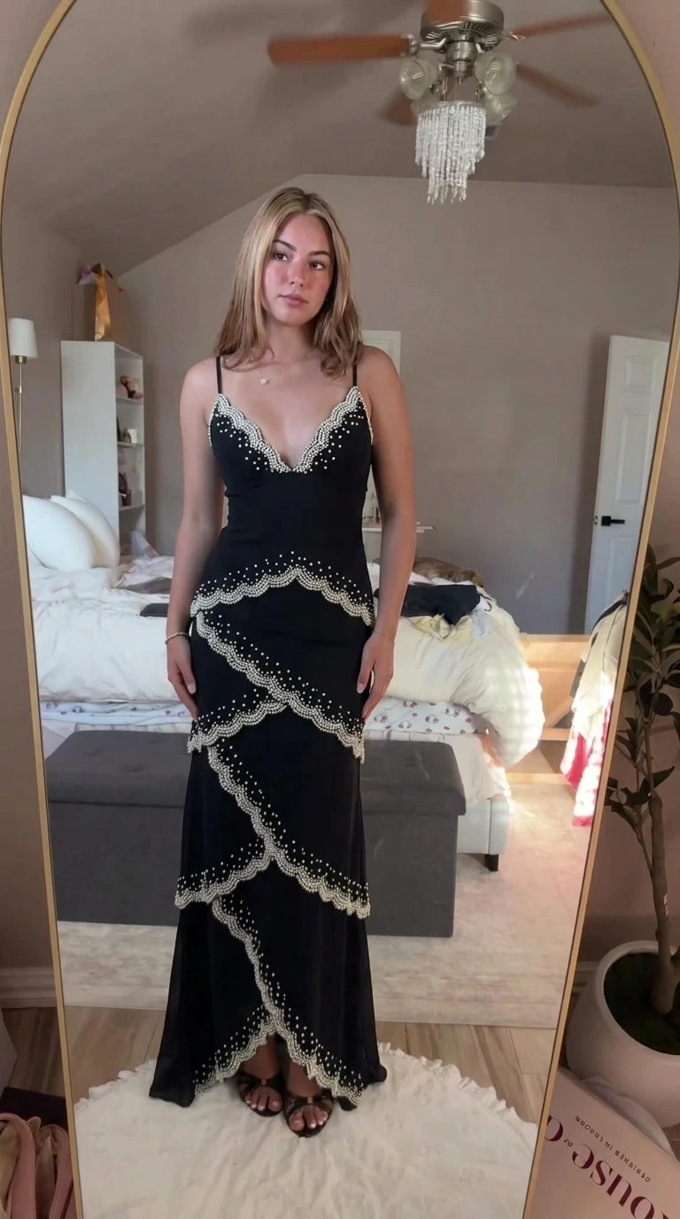 Black beaded scalloped tiered cami maxi dress on model
