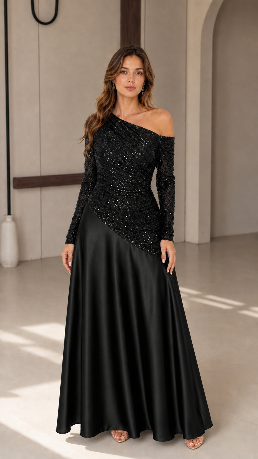 Model wearing black one-shoulder sequin bodice satin maxi dress