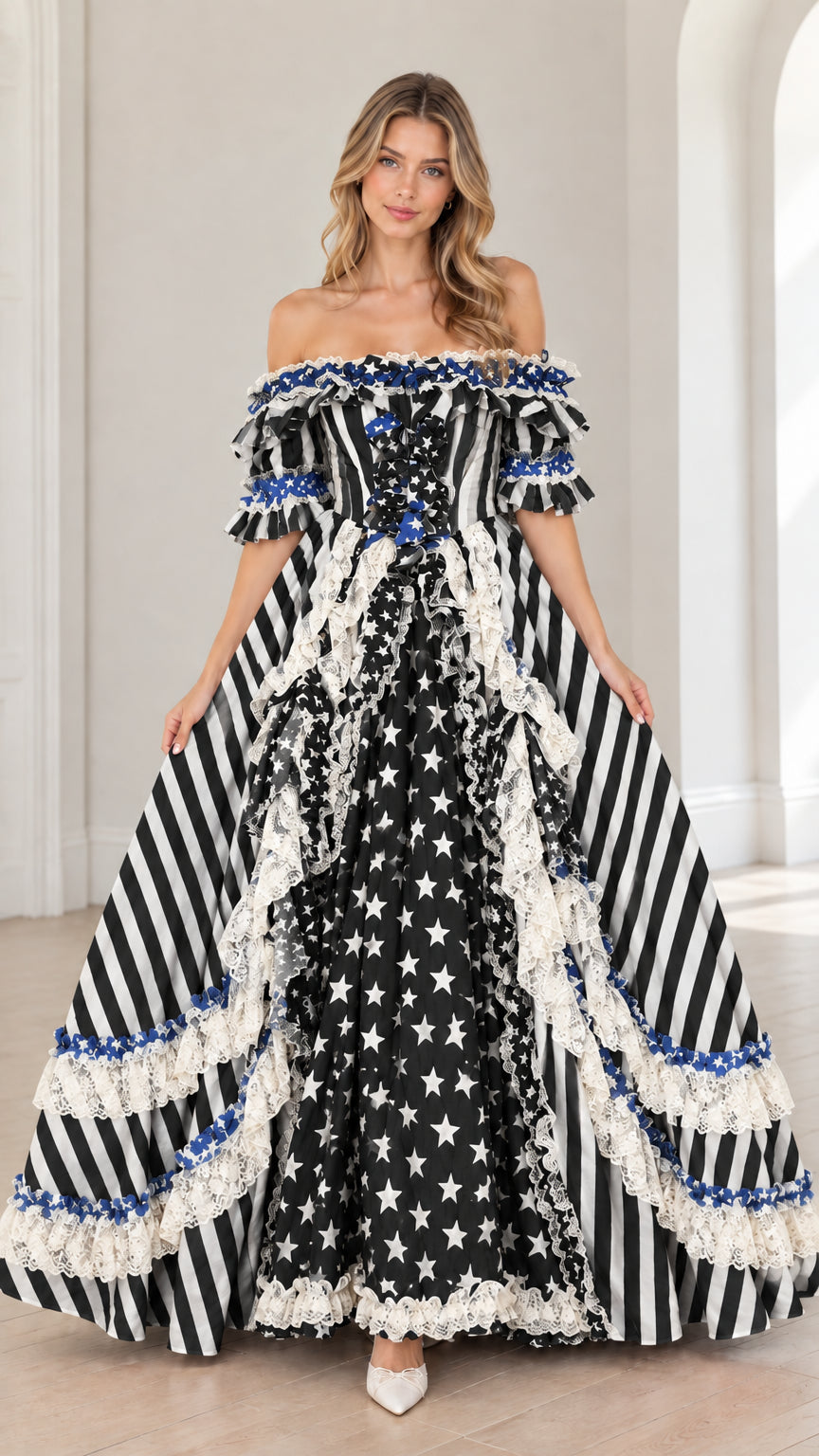 Full-length front view of black and white star and stripe Victorian ball gown