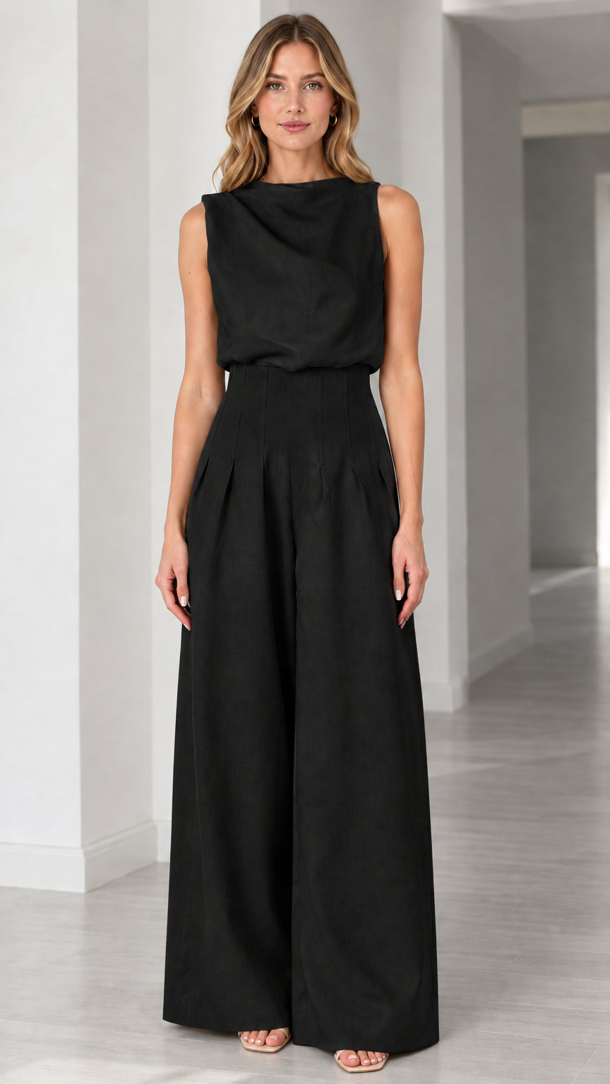 Full-length view of solid black sleeveless wide-leg pleated jumpsuit