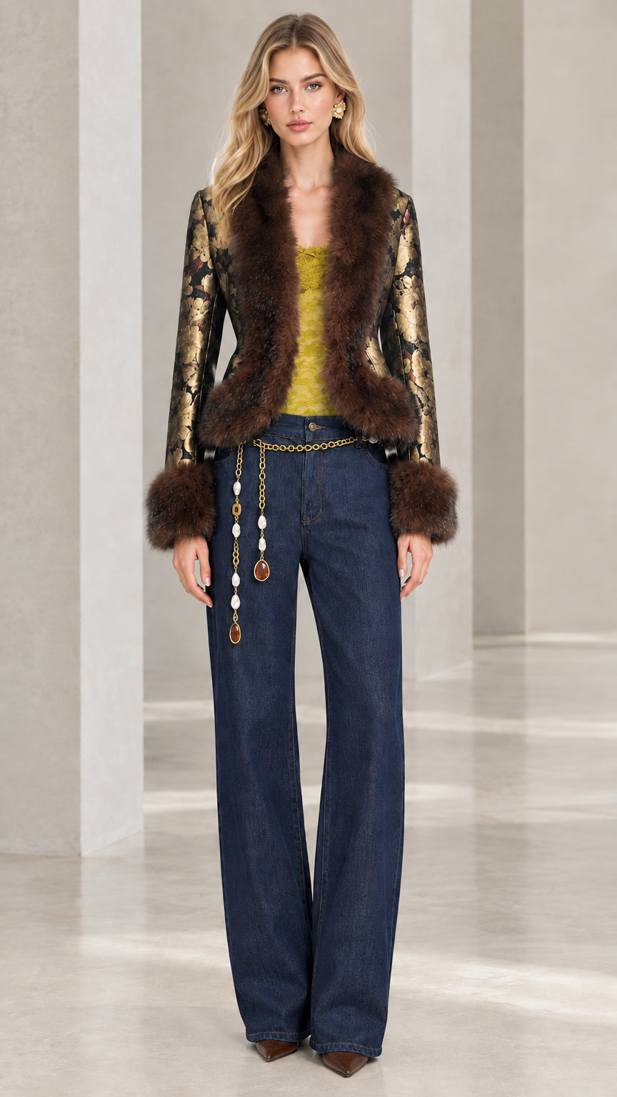 Model wearing black and gold floral jacquard jacket with faux fur trim