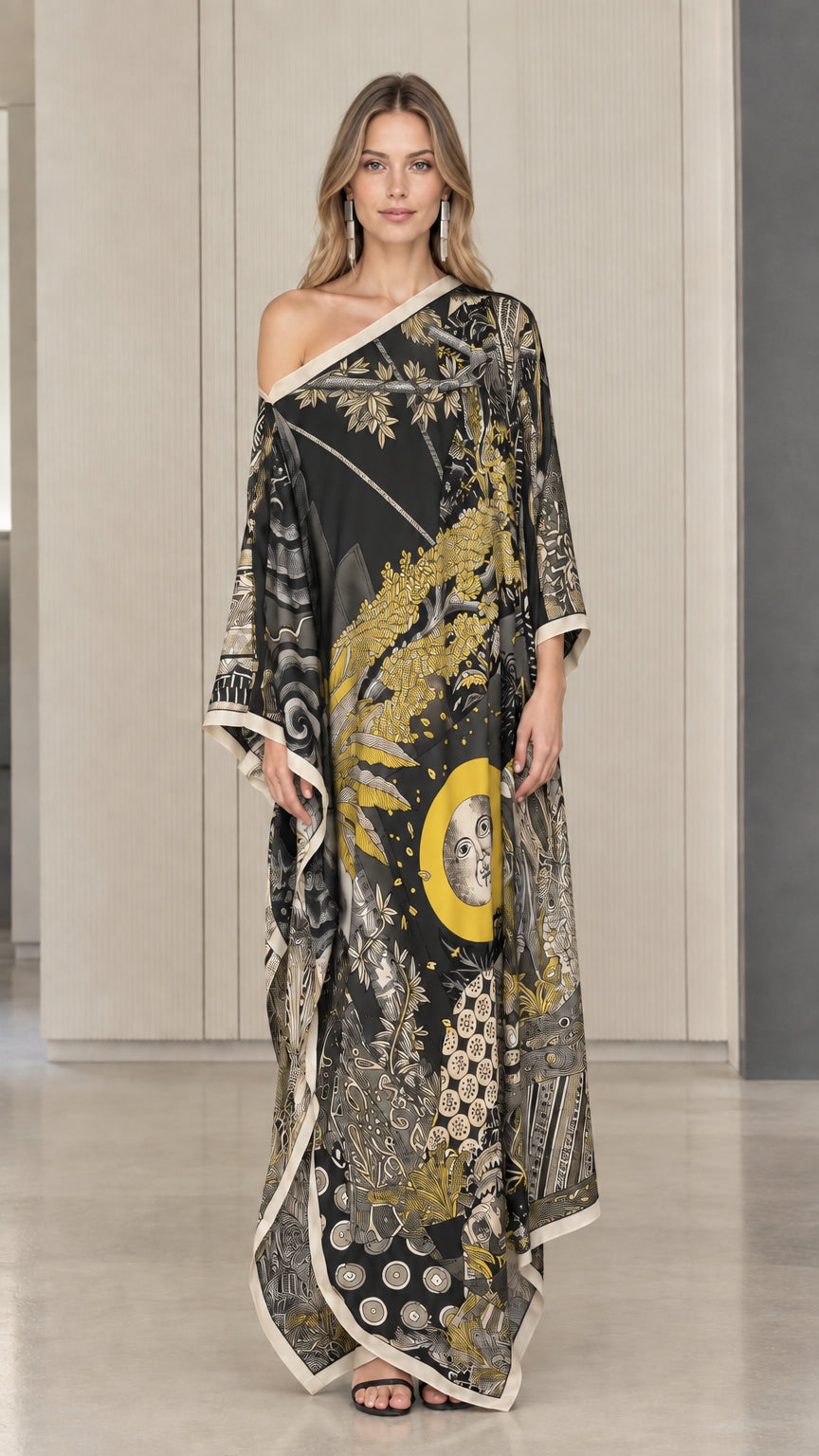 Black one-shoulder printed resort kaftan maxi dress