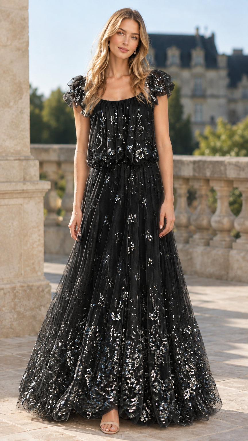 Black sequin embellished flutter sleeve tulle formal evening gown