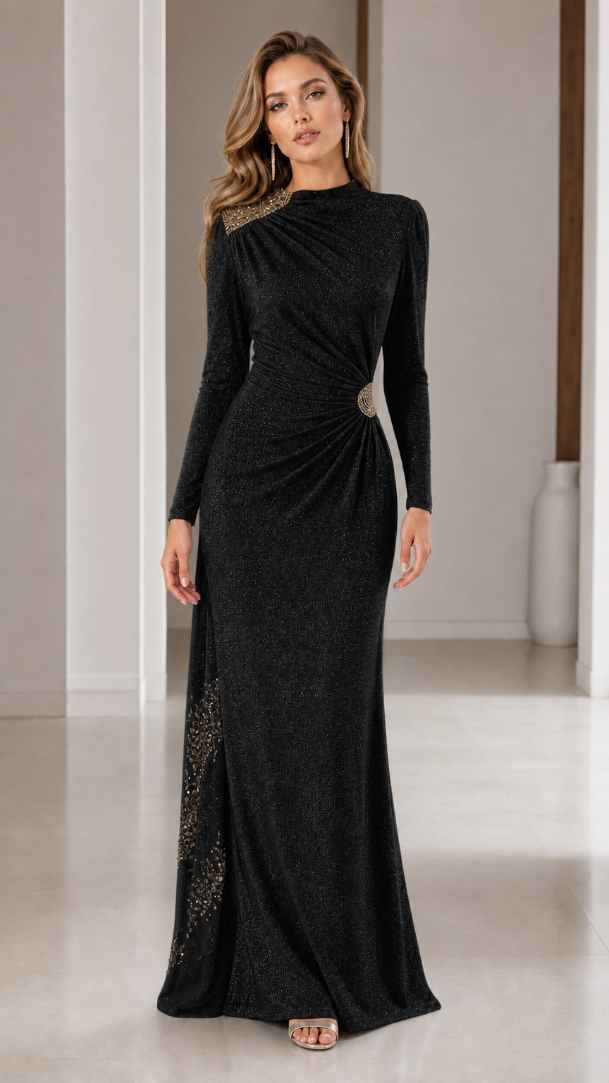 Black long sleeve shimmer evening dress with ruched waist and beadwork
