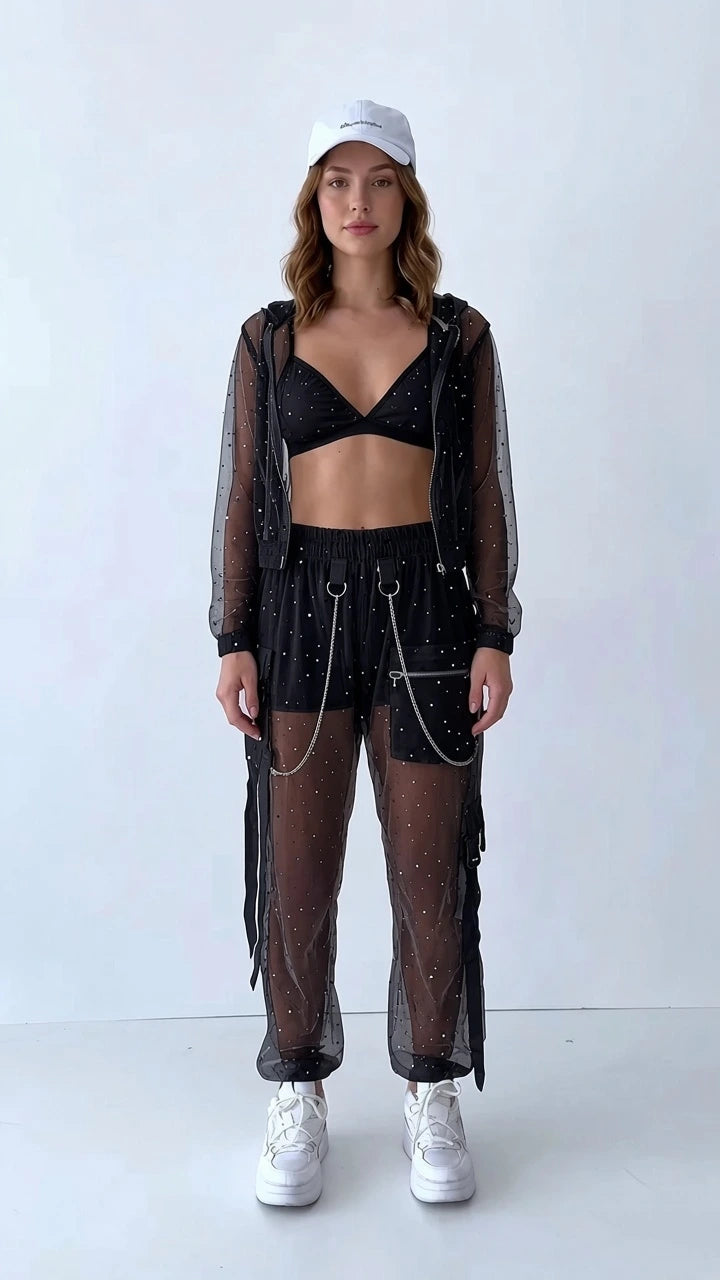 Black sheer mesh sparkle hooded jacket and cargo pants set