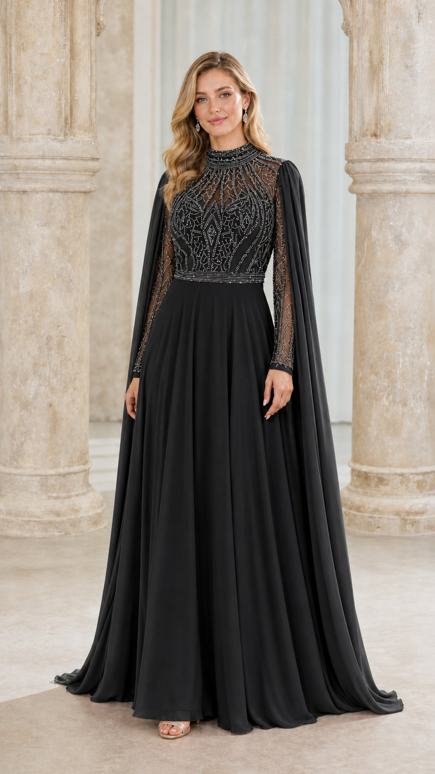 Front view of black evening gown with cape