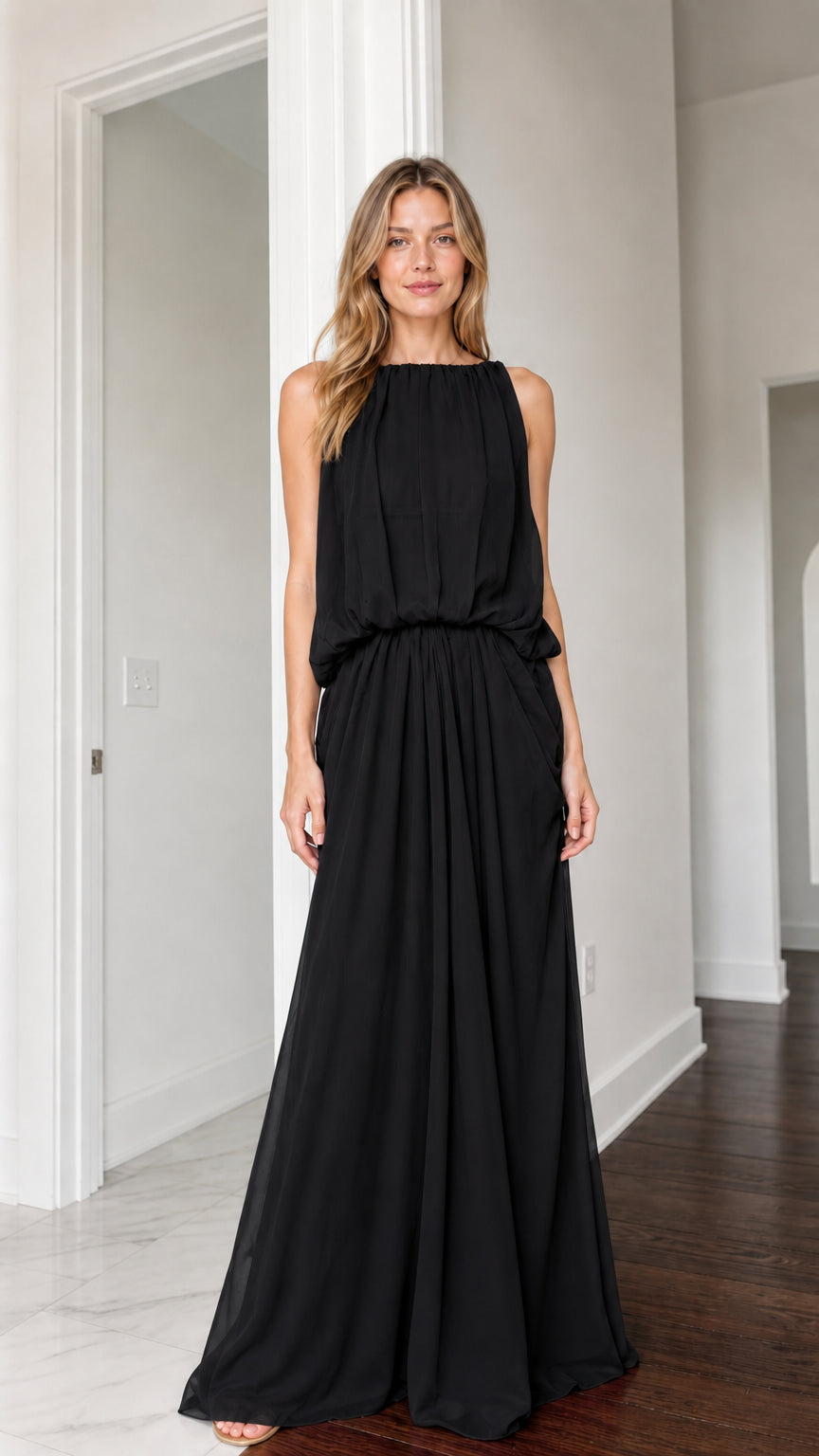 Front view of woman wearing black high neck sleeveless maxi dress