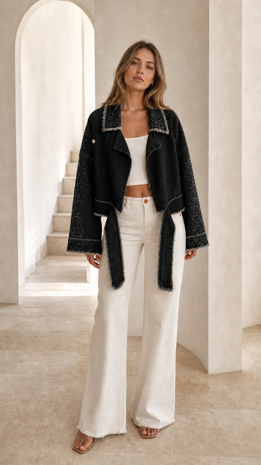 Front view of black rhinestone fringe cropped jacket with tie waist