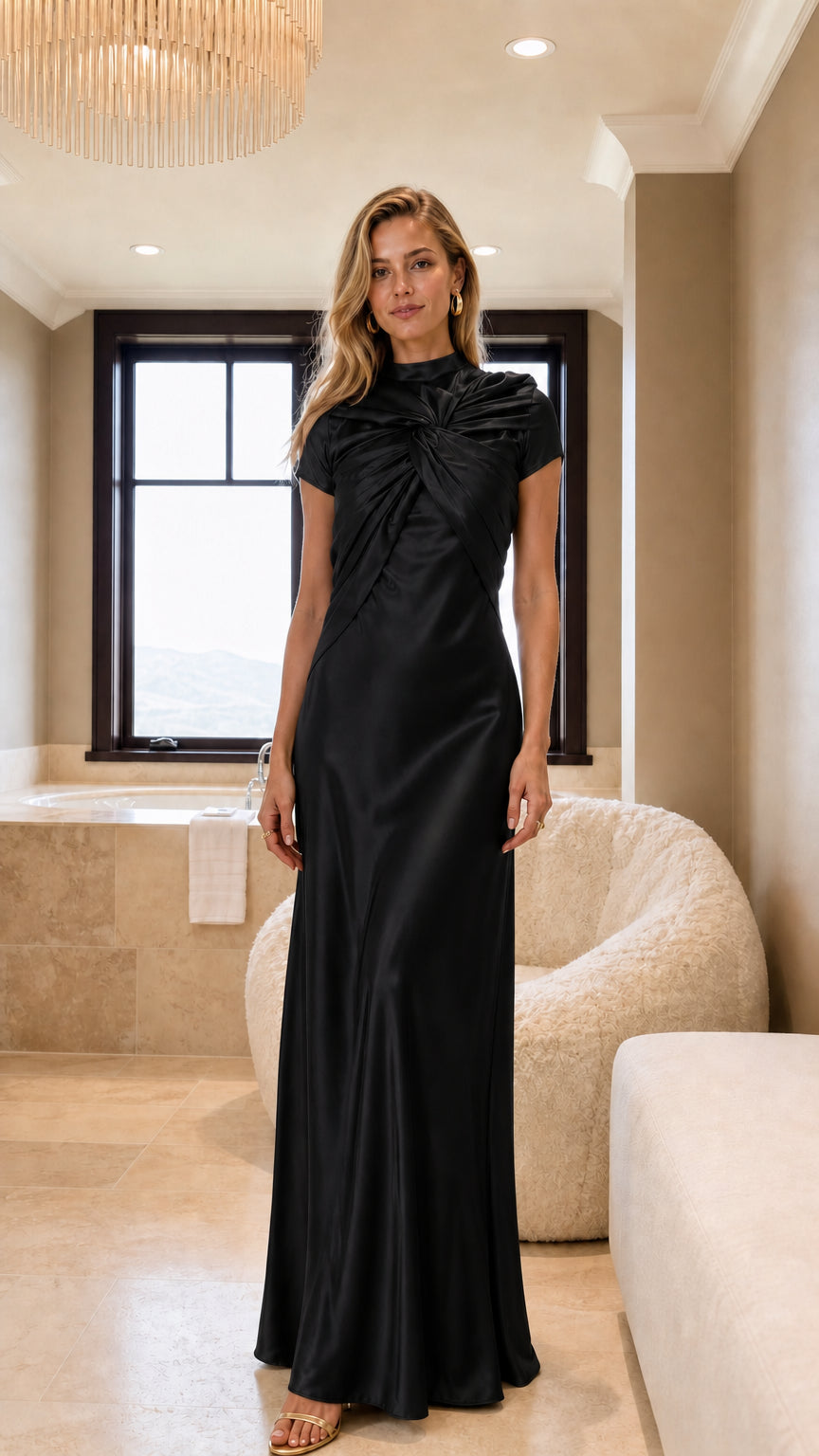 Black high neck twist front satin formal maxi dress