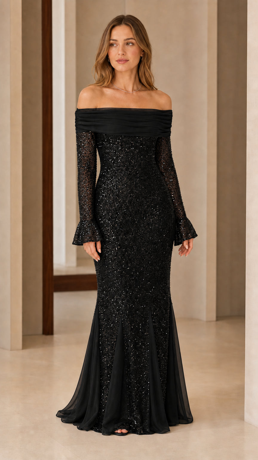 Front view of woman wearing black off-the-shoulder sequin mermaid evening dress