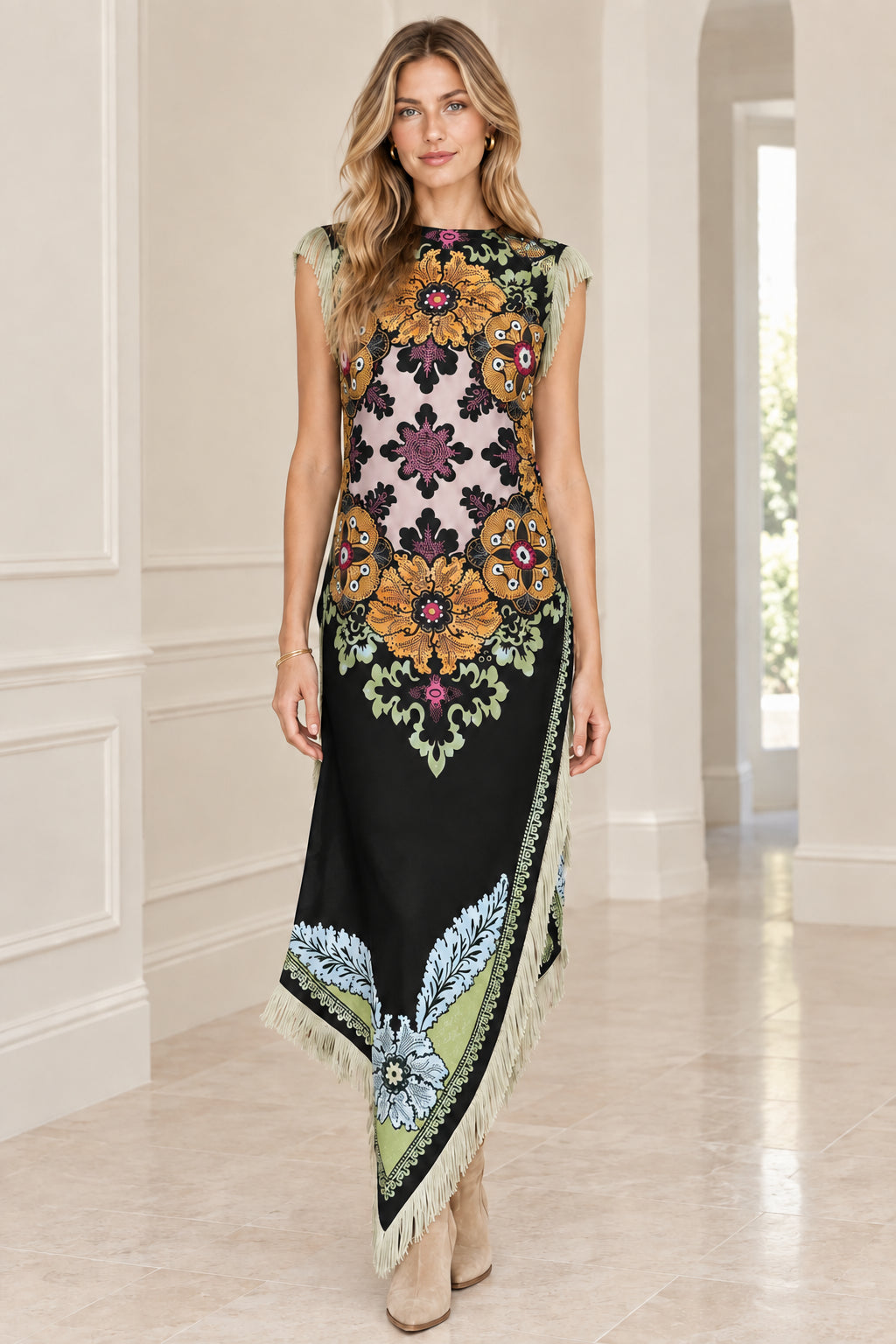 Front view of model wearing Black floral medallion print fringe hem maxi dress