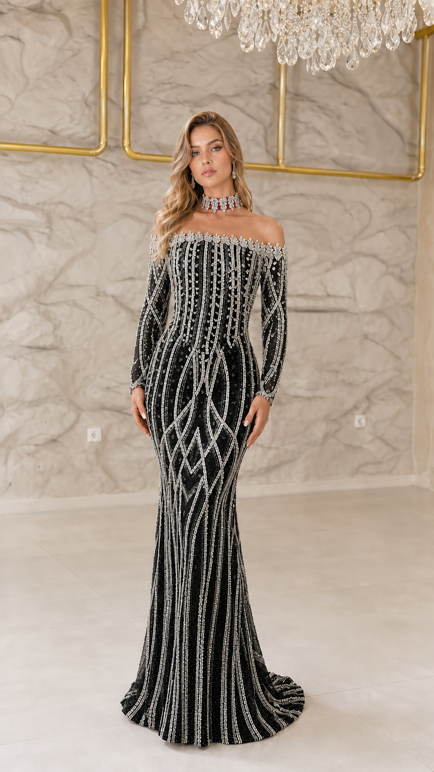 Front view of model wearing Classic Black off-the-shoulder beaded formal gown