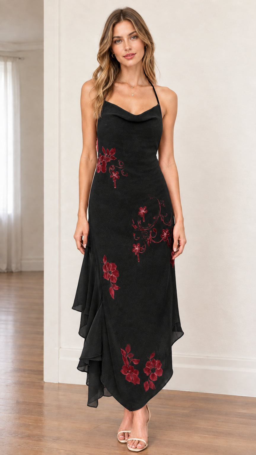 Model wearing black halter cowl neck asymmetrical dress with red floral accents