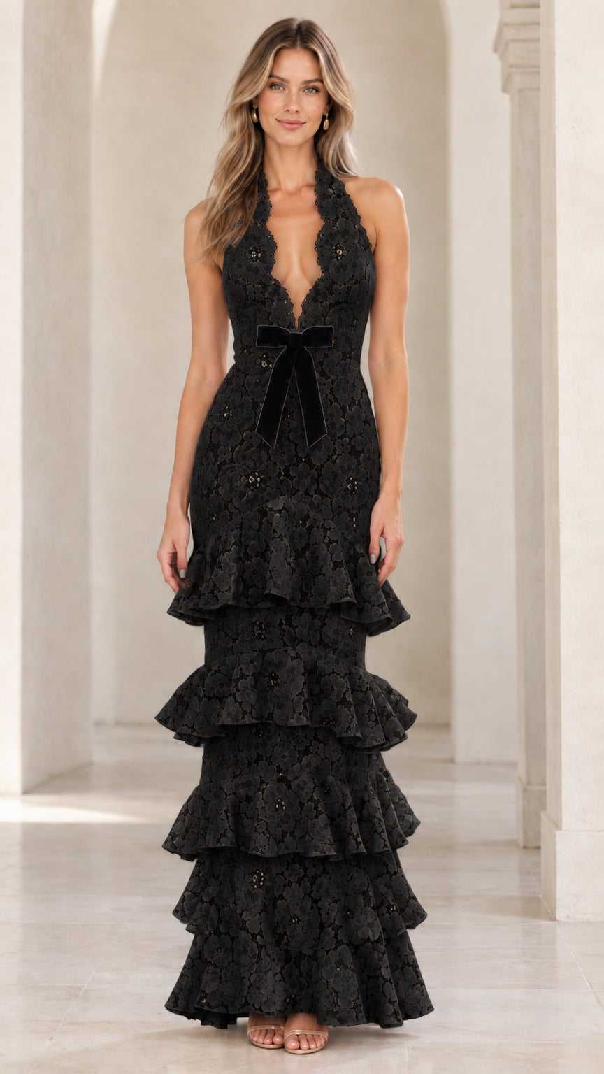 Black floral lace plunge halter tiered maxi dress with black velvet bow accent