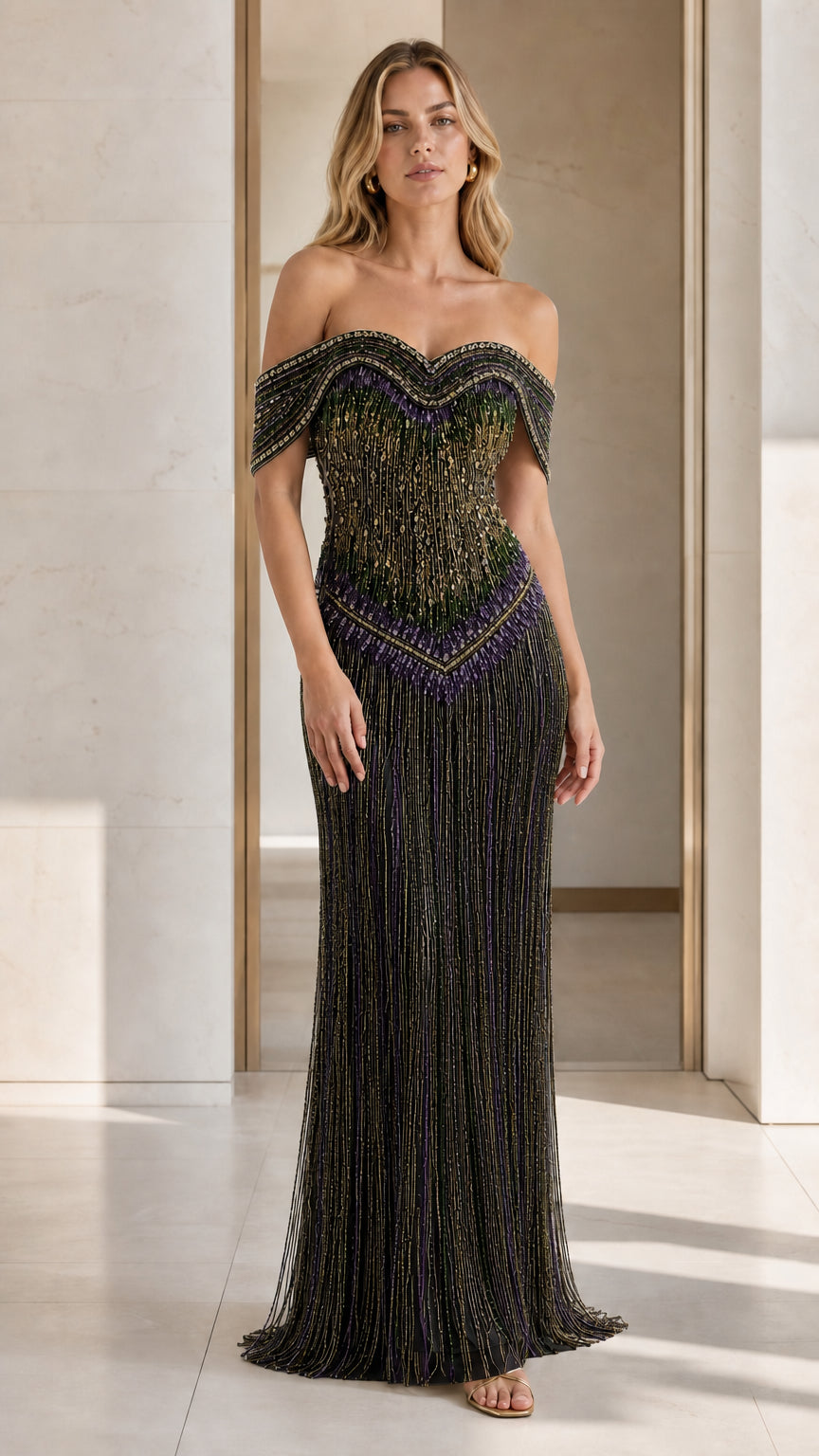 Model wearing black color variant of the beaded evening gown