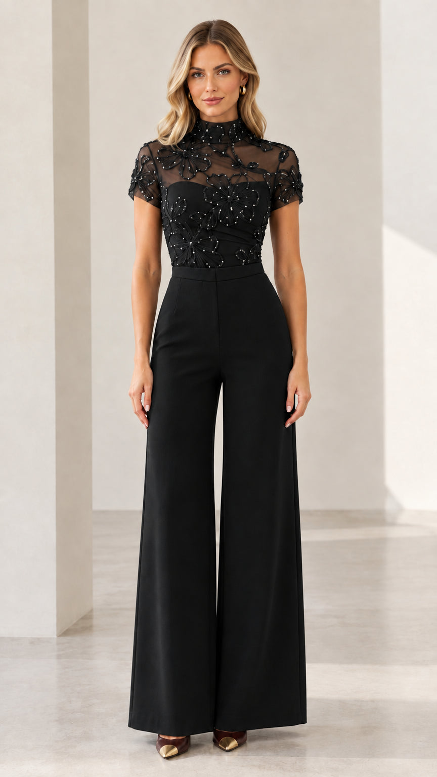Black sequin floral mock neck wide-leg evening jumpsuit