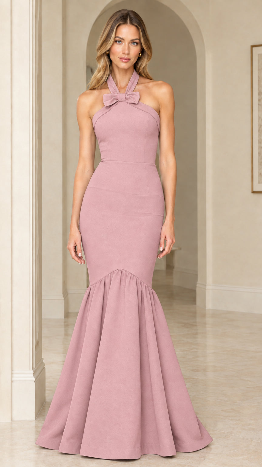 Dusty pink halter mermaid evening dress with bow neckline