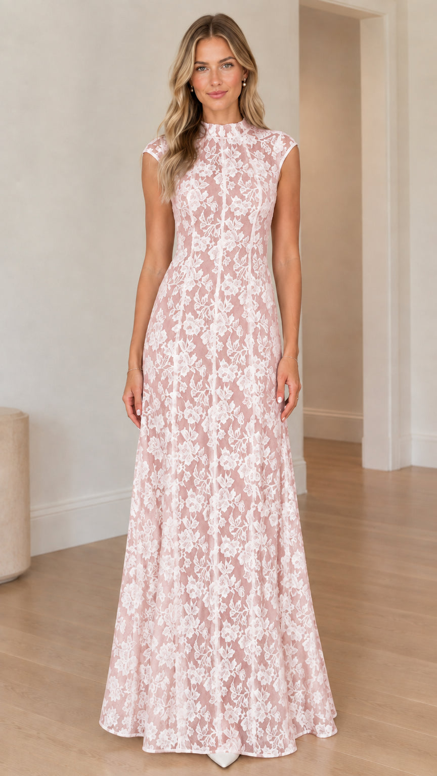 Model wearing blush pink high neck floral lace sleeveless maxi dress