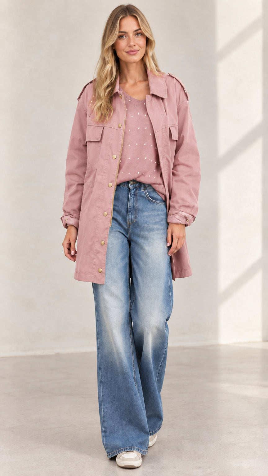 Full front view of women's dusty rose pink utility jacket