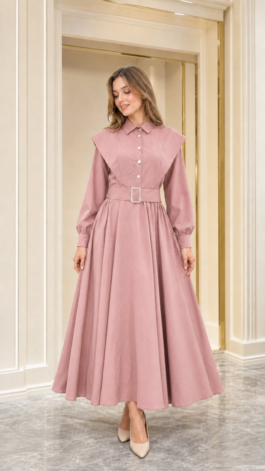 Front view of dusty pink capelet collar belted long sleeve maxi dress