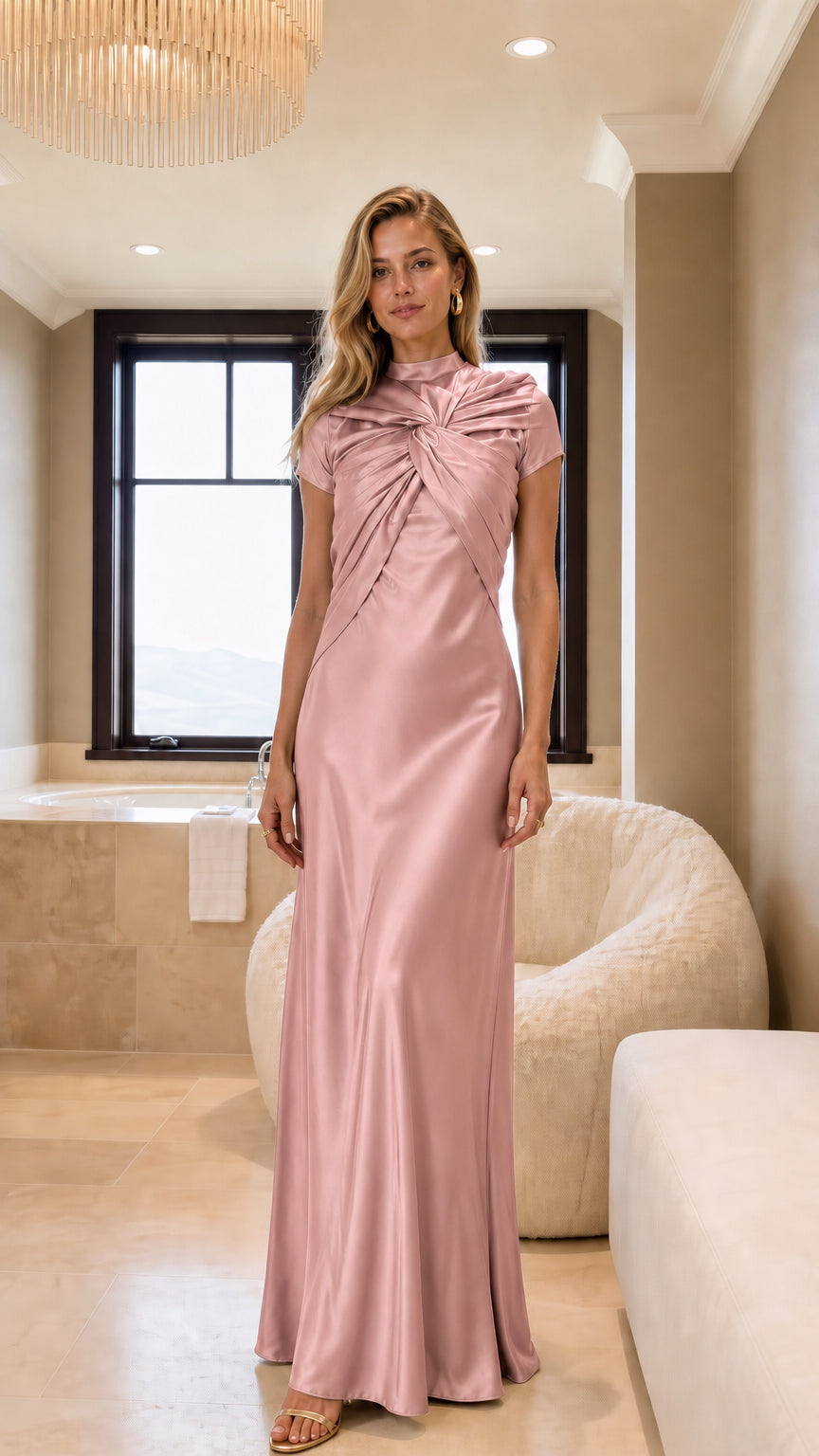 Blush pink high neck twist front satin evening gown