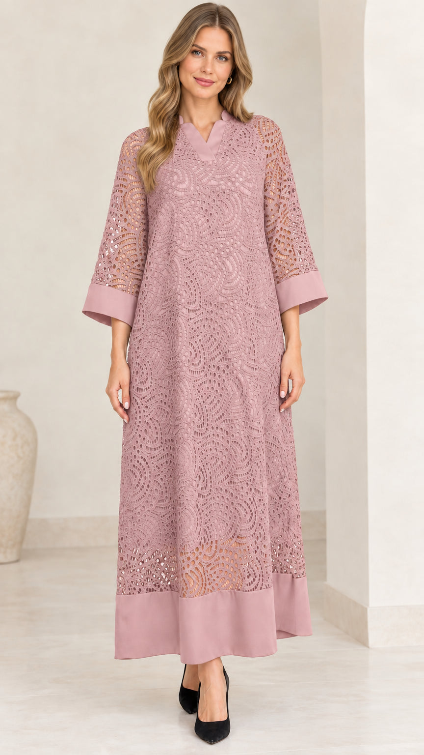Model wearing dusty pink lace overlay maxi dress with contrast trim