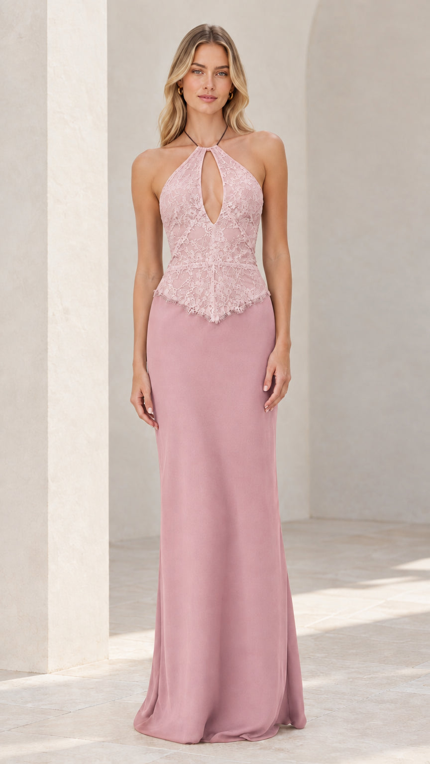 Model wearing Dusty Rose lace bodice halter evening gown