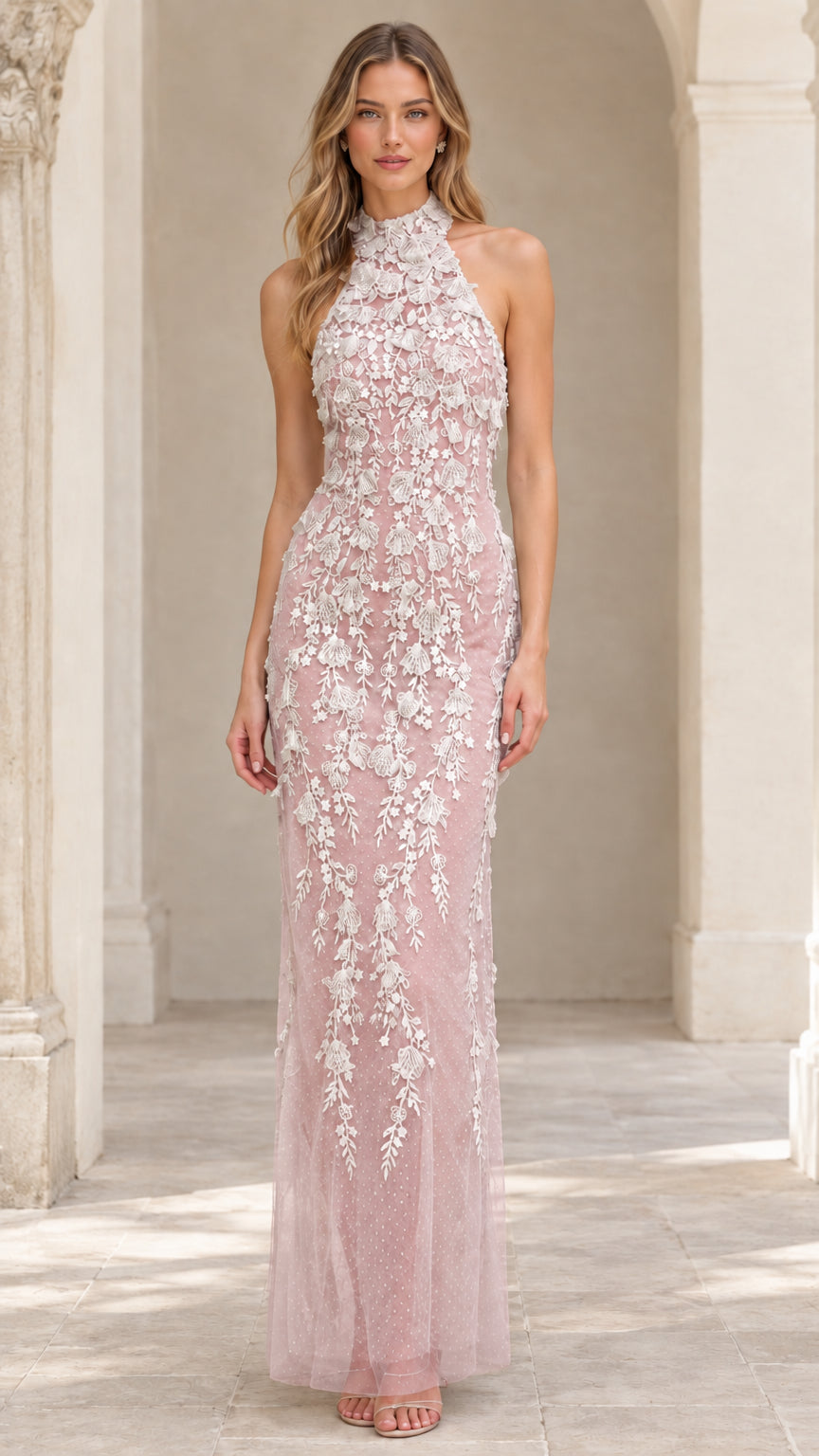 Model wearing Blush Pink floral lace halter neck evening gown