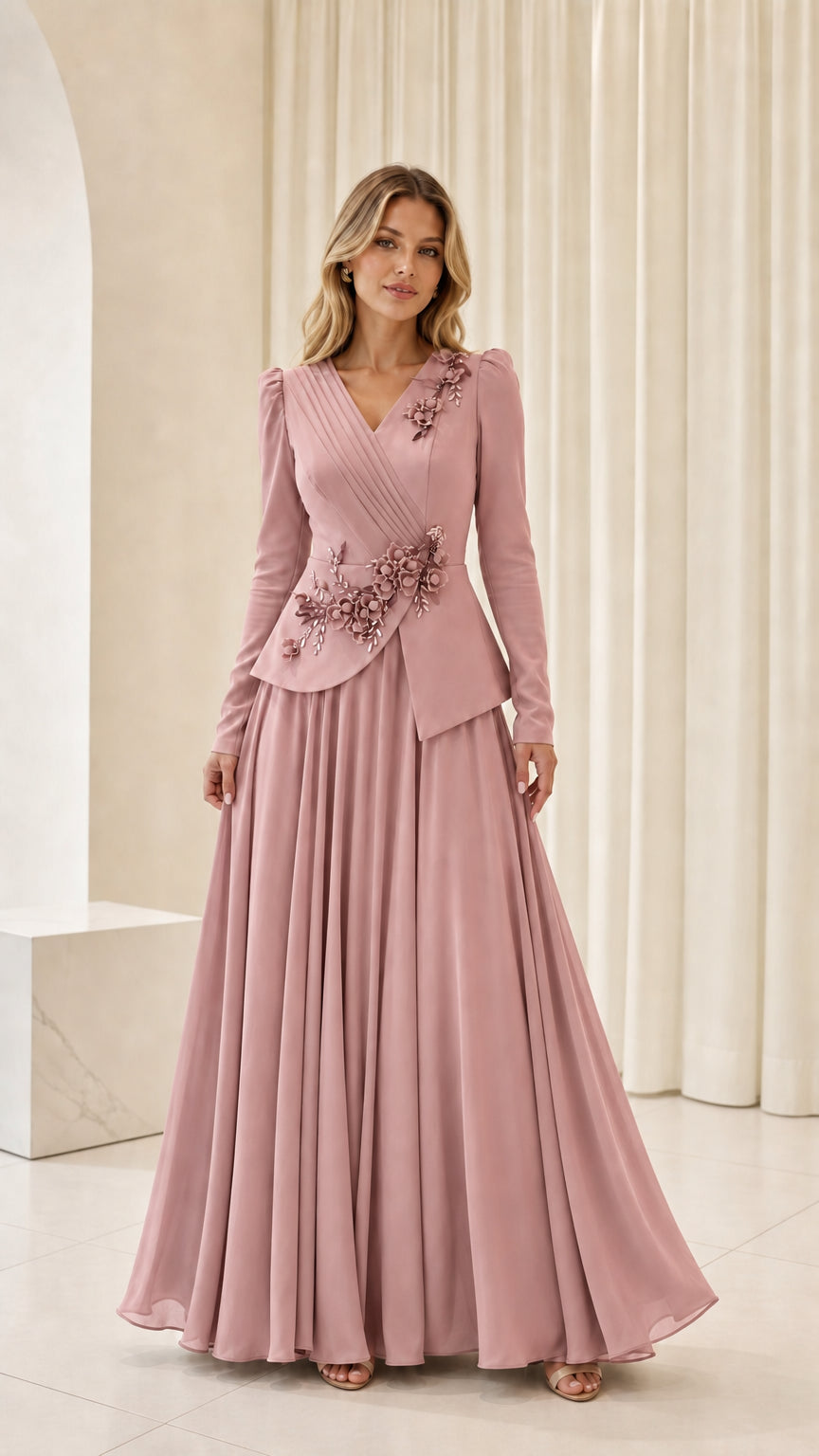 Front view of woman wearing dusty rose pink floral beaded peplum evening maxi dress