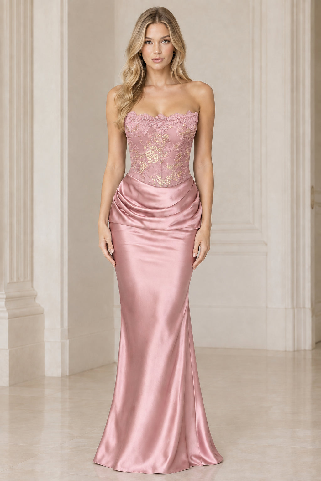 Dusty Rose strapless satin maxi formal dress with embroidered lace bodice