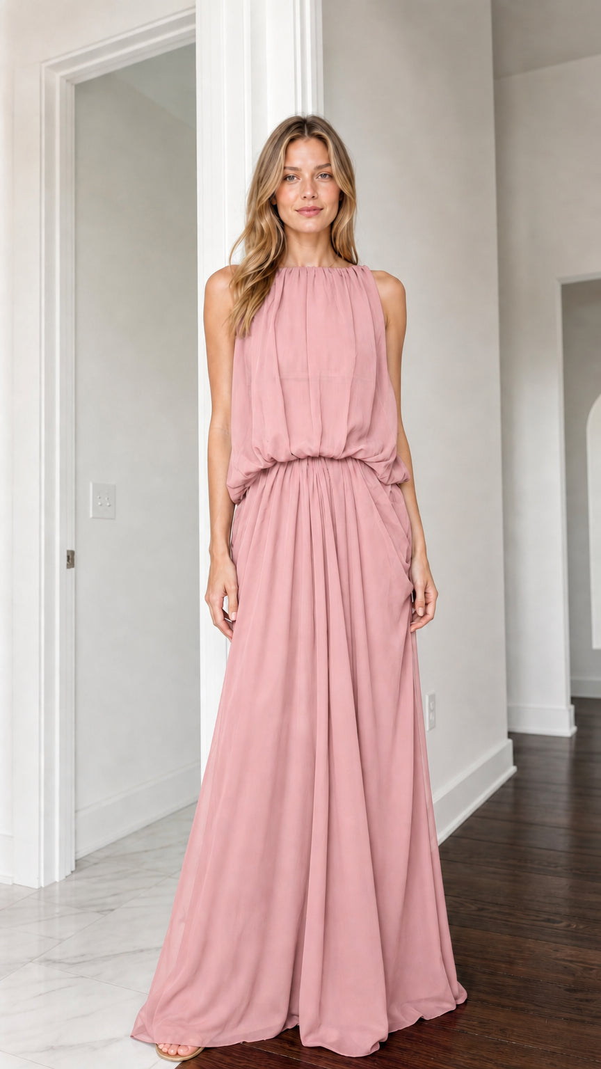 Front view of woman wearing dusty rose pink sleeveless maxi dress