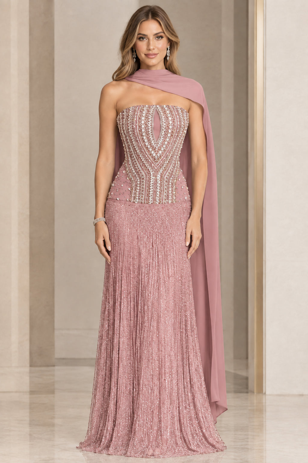 Dusty rose strapless beaded formal gown with matching scarf cape