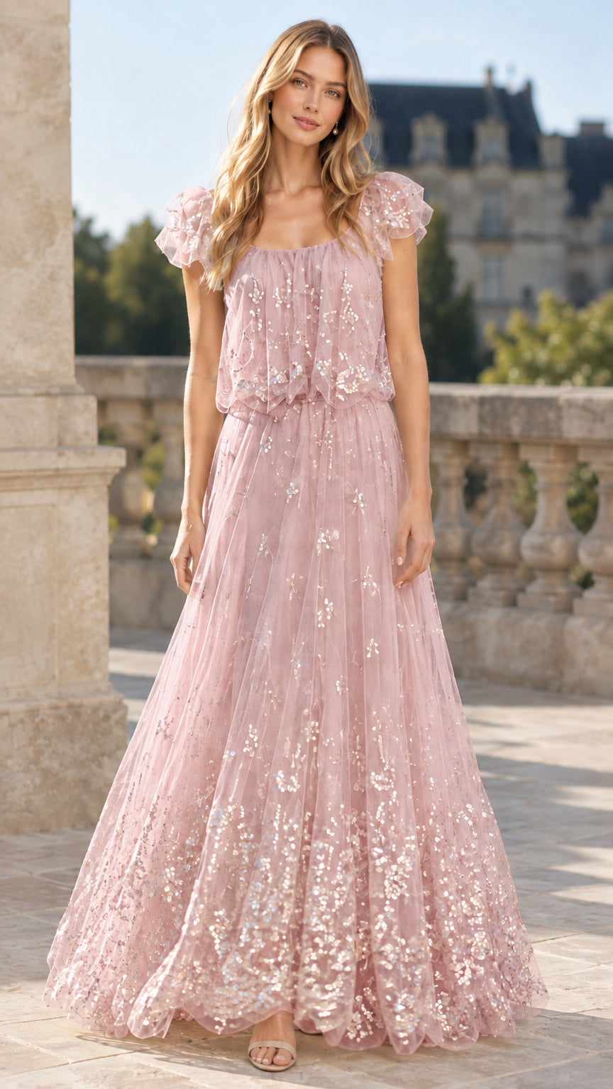 Dusty pink sequin flutter sleeve blouson tulle evening maxi dress
