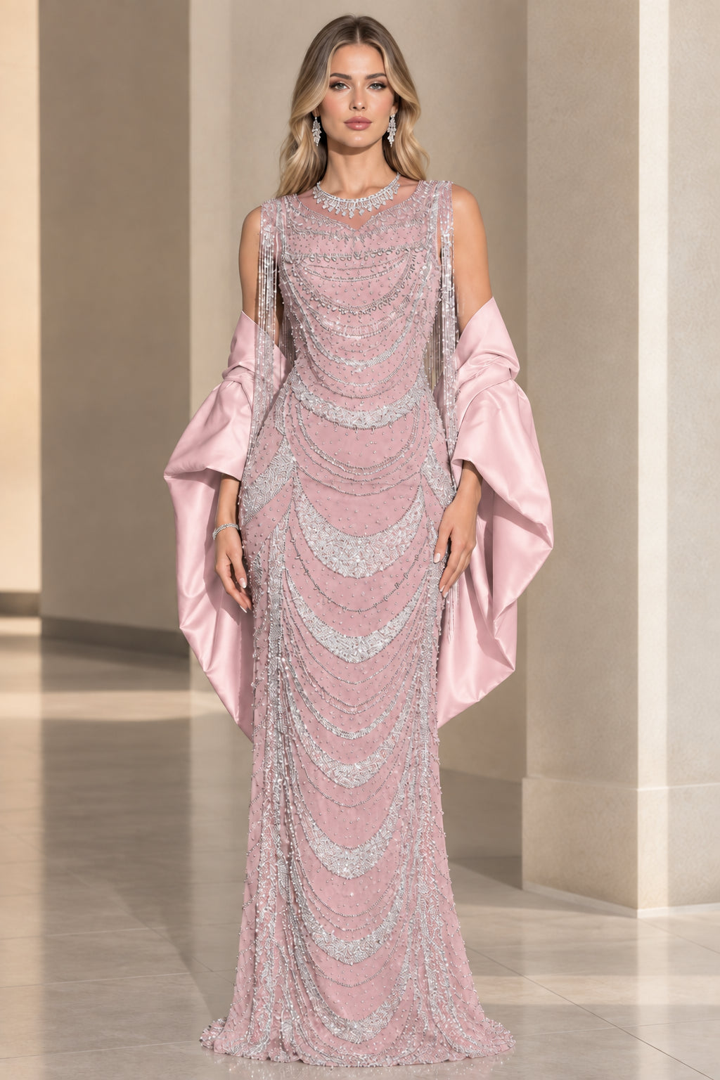 Front view of blush pink embellished evening dress with matching pink wrap