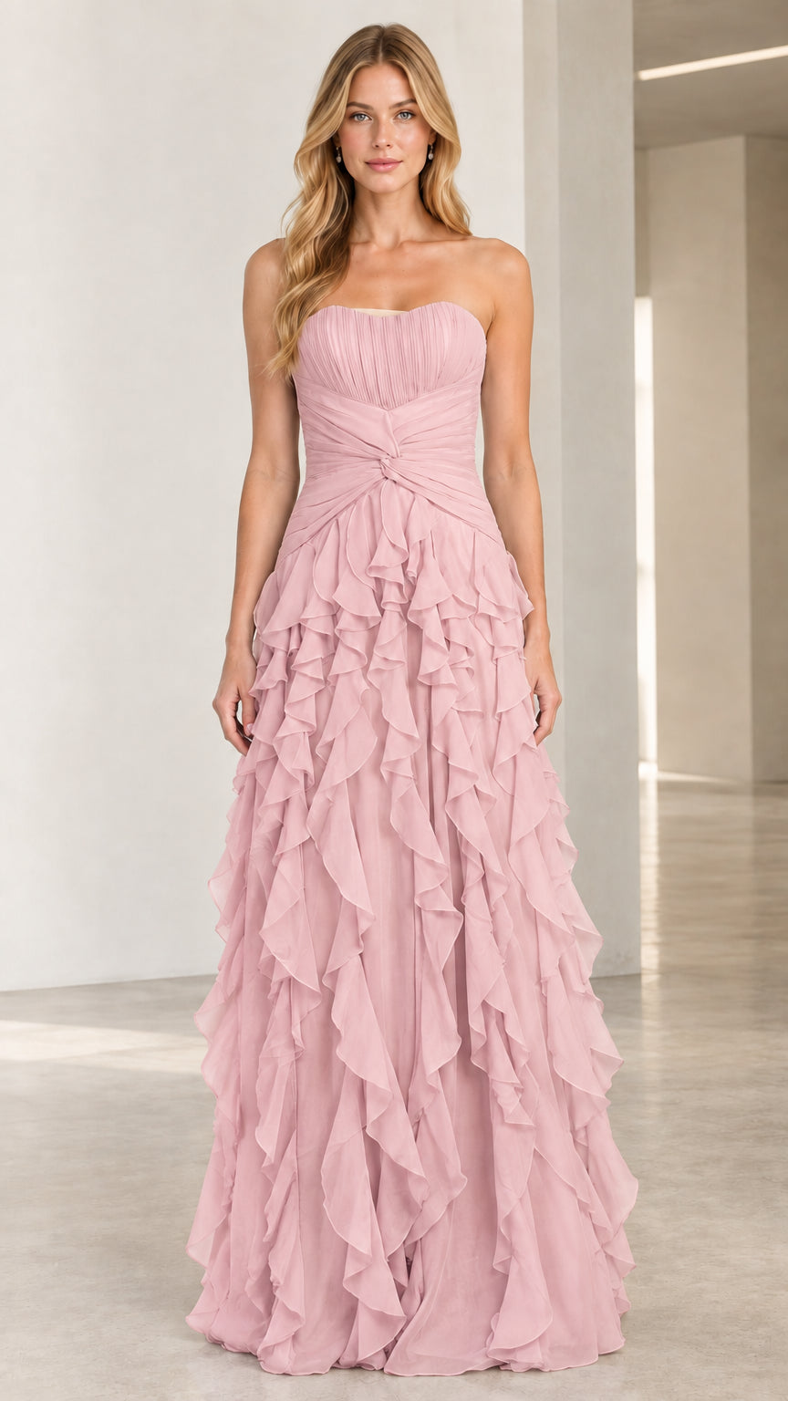 Full-length front view of blush pink strapless tiered ruffle formal gown