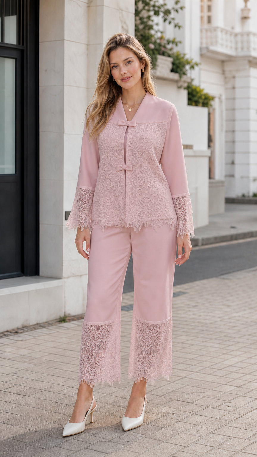 Full-length front view of blush pink lace-trim two-piece pant set
