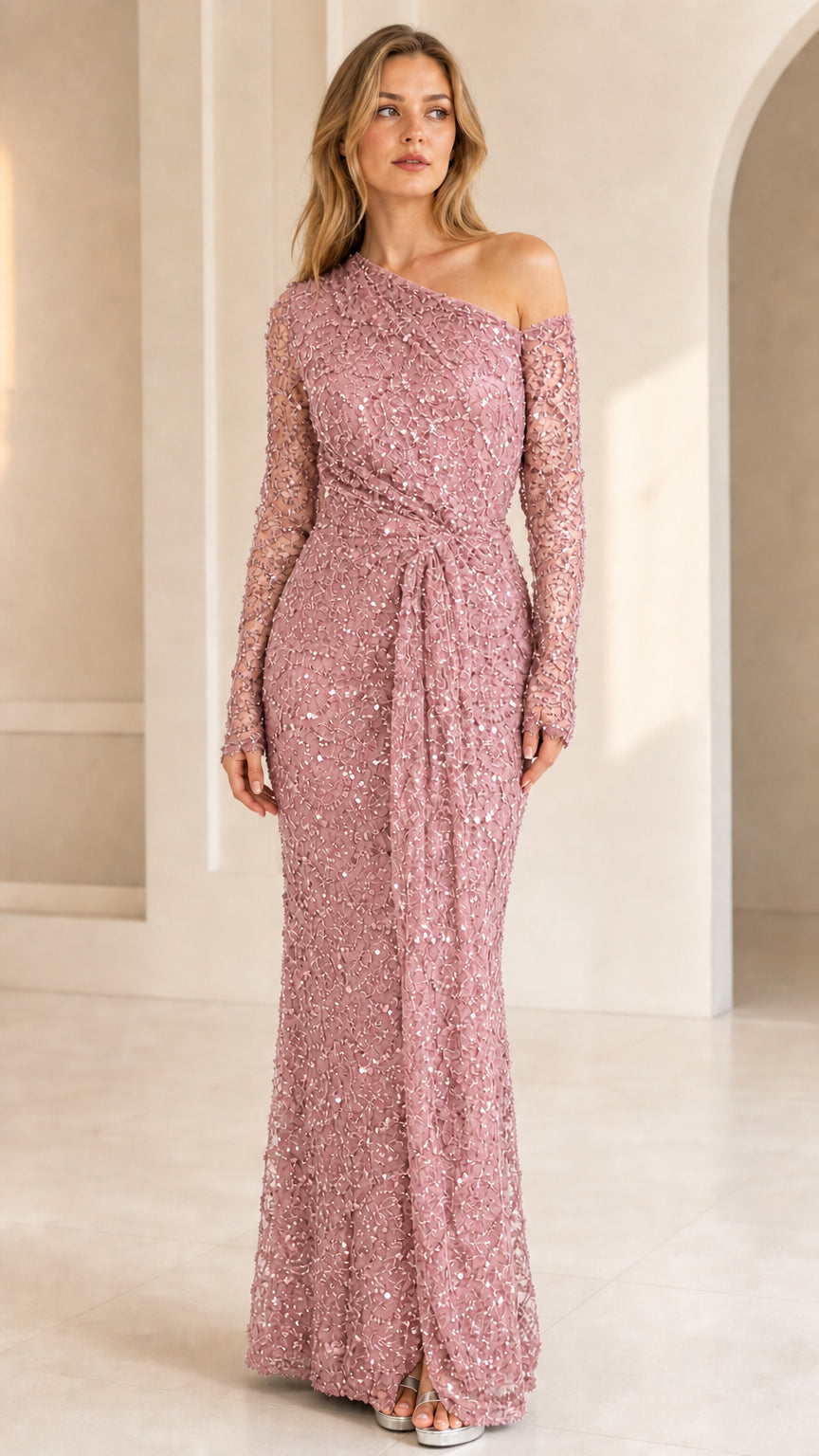 Dusty pink sequin lace asymmetrical formal maxi dress